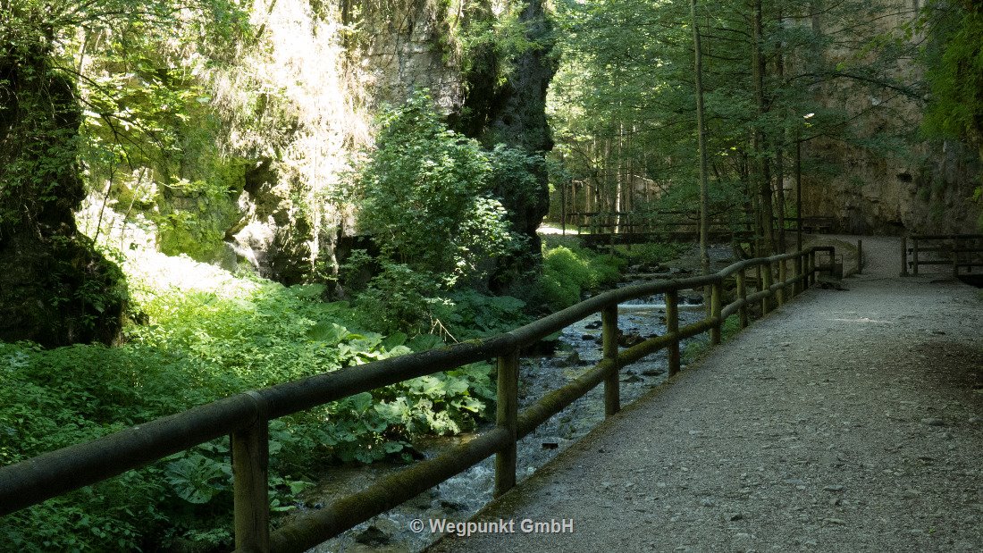 Ein wunderschöner Weg führt im Schatten durch eine kleine Schlucht zum See